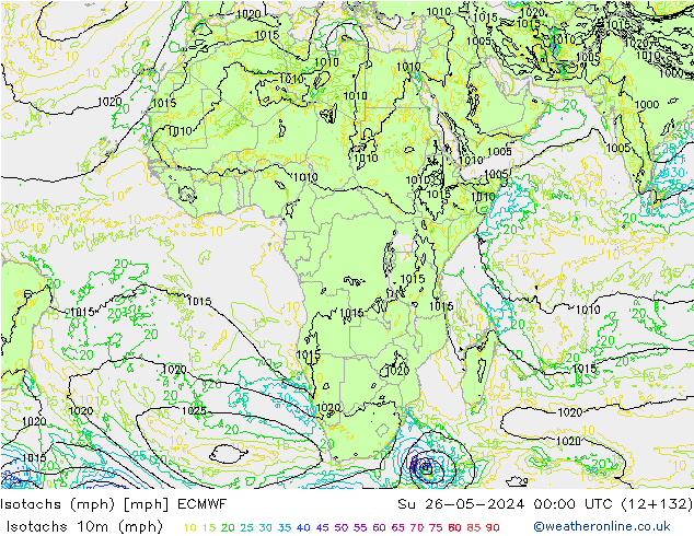 Isotachs (mph) ECMWF  26.05.2024 00 UTC