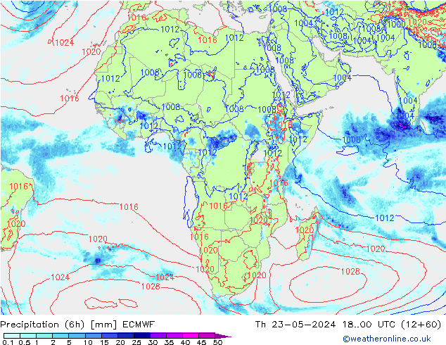 Totale neerslag (6h) ECMWF do 23.05.2024 00 UTC