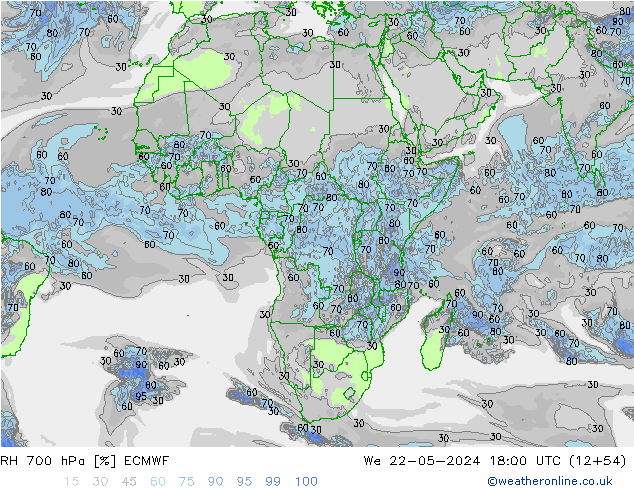 Humidité rel. 700 hPa ECMWF mer 22.05.2024 18 UTC