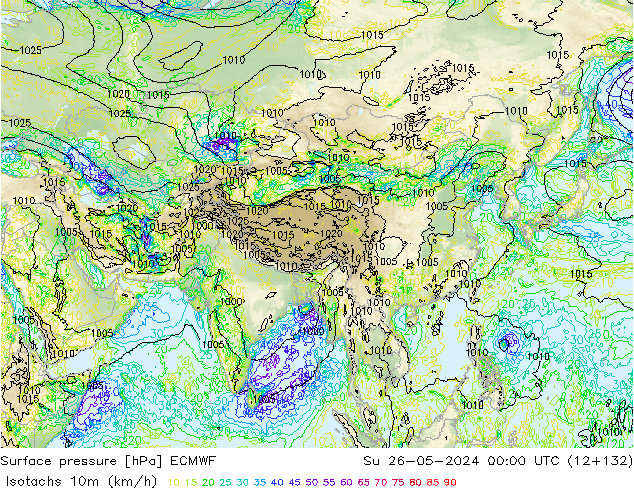 Isotachs (kph) ECMWF dim 26.05.2024 00 UTC