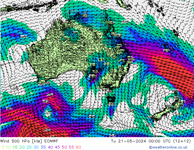 Wind 500 hPa ECMWF Út 21.05.2024 00 UTC