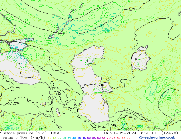 Izotacha (km/godz) ECMWF czw. 23.05.2024 18 UTC