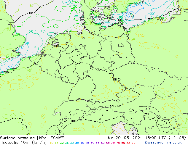 10米等风速线 (kph) ECMWF 星期一 20.05.2024 18 UTC