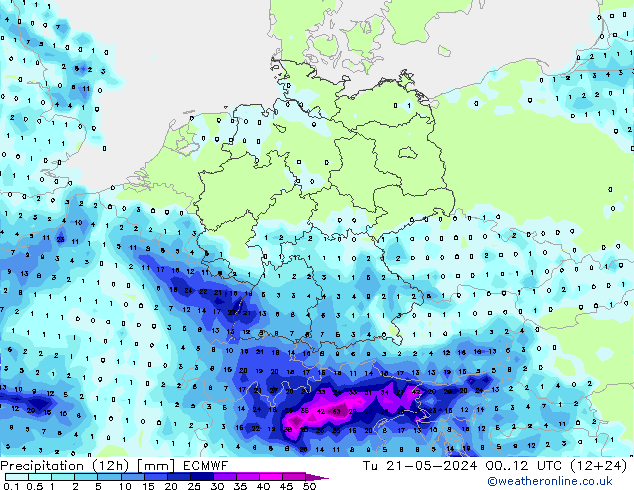 降水量 (12h) ECMWF 星期二 21.05.2024 12 UTC