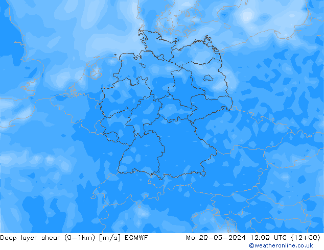 Deep layer shear (0-1km) ECMWF 星期一 20.05.2024 12 UTC