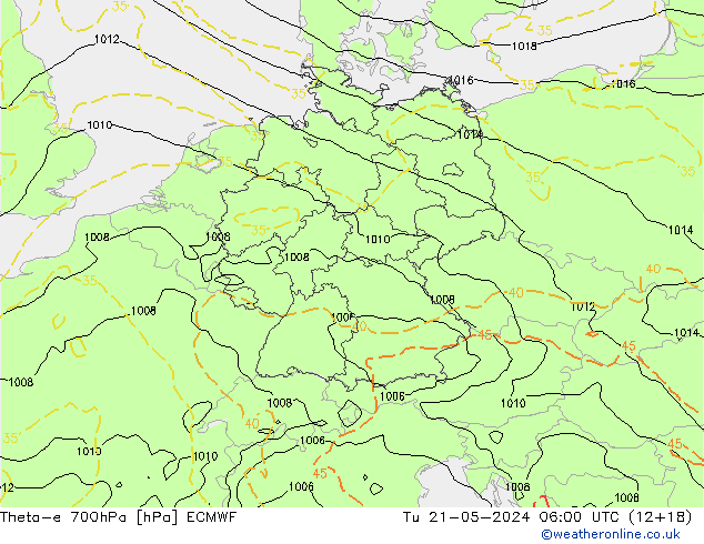 Theta-e 700hPa ECMWF Tu 21.05.2024 06 UTC