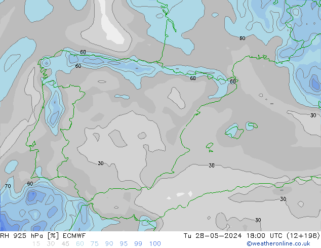 Humidité rel. 925 hPa ECMWF mar 28.05.2024 18 UTC