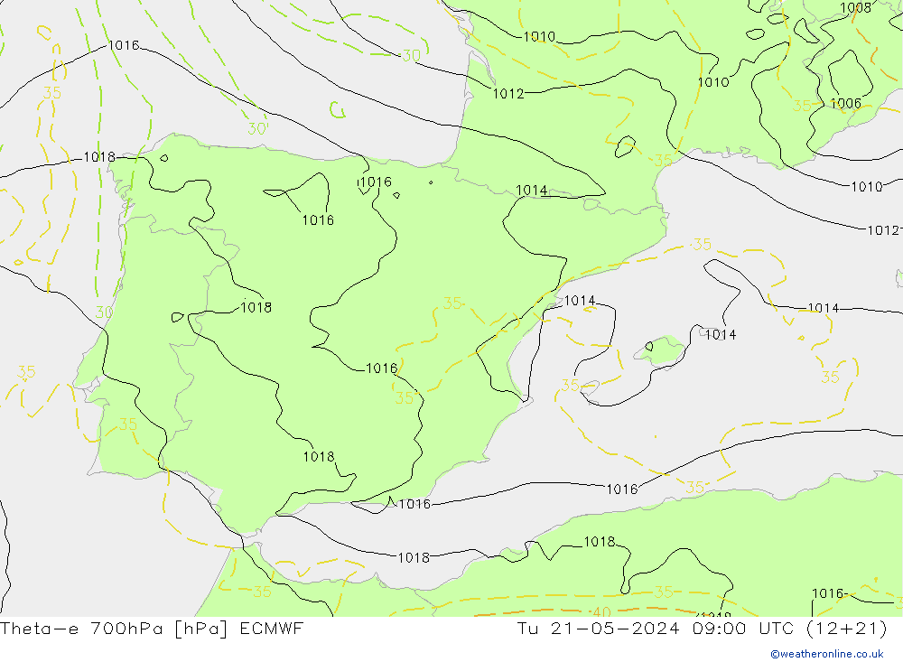 Theta-e 700hPa ECMWF Tu 21.05.2024 09 UTC