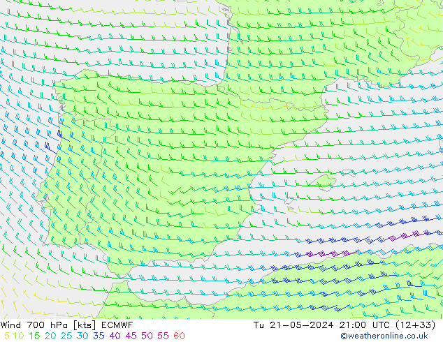Wind 700 hPa ECMWF Di 21.05.2024 21 UTC