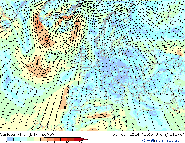 Surface wind (bft) ECMWF Th 30.05.2024 12 UTC