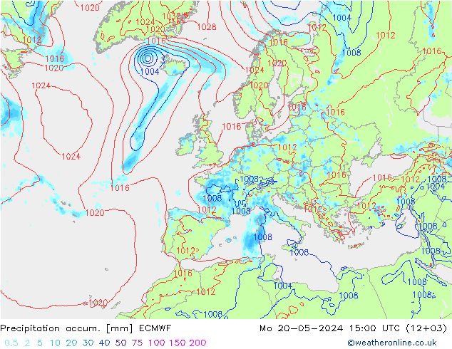 Precipitation accum. ECMWF пн 20.05.2024 15 UTC