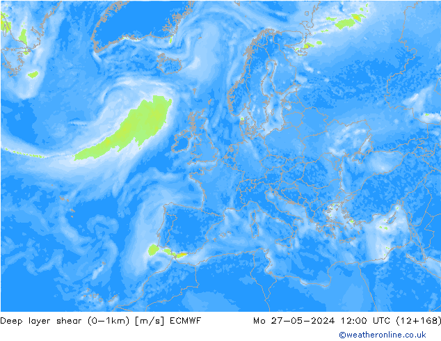 Deep layer shear (0-1km) ECMWF ma 27.05.2024 12 UTC