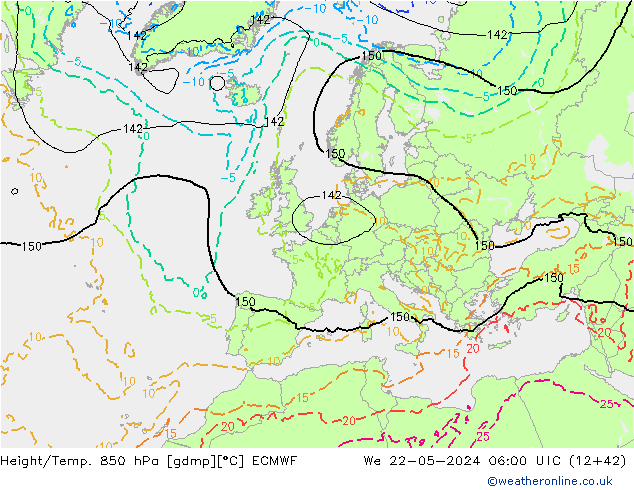 Z500/Rain (+SLP)/Z850 ECMWF We 22.05.2024 06 UTC