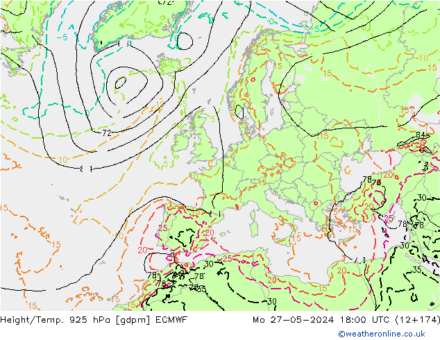 Height/Temp. 925 hPa ECMWF lun 27.05.2024 18 UTC