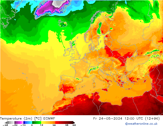 Temperatura (2m) ECMWF vie 24.05.2024 12 UTC