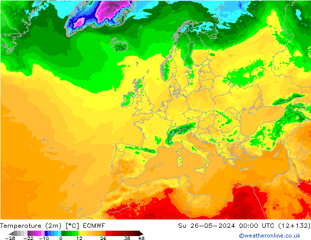 Temperatuurkaart (2m) ECMWF zo 26.05.2024 00 UTC