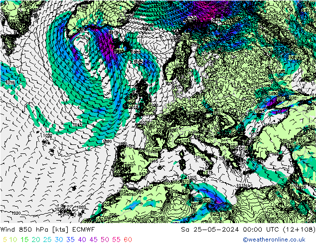 wiatr 850 hPa ECMWF so. 25.05.2024 00 UTC