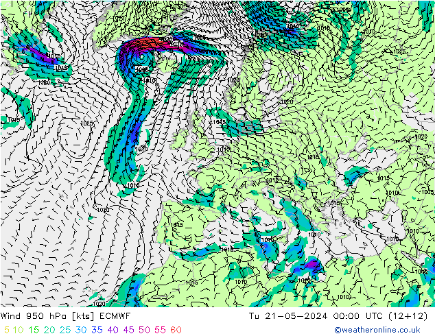 Wind 950 hPa ECMWF Tu 21.05.2024 00 UTC