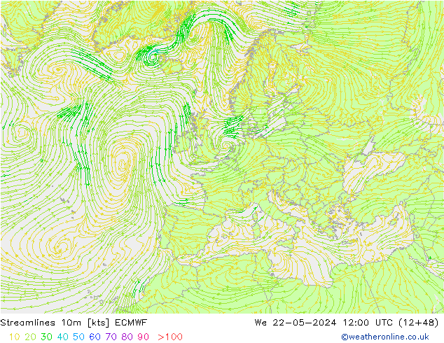 Línea de corriente 10m ECMWF mié 22.05.2024 12 UTC