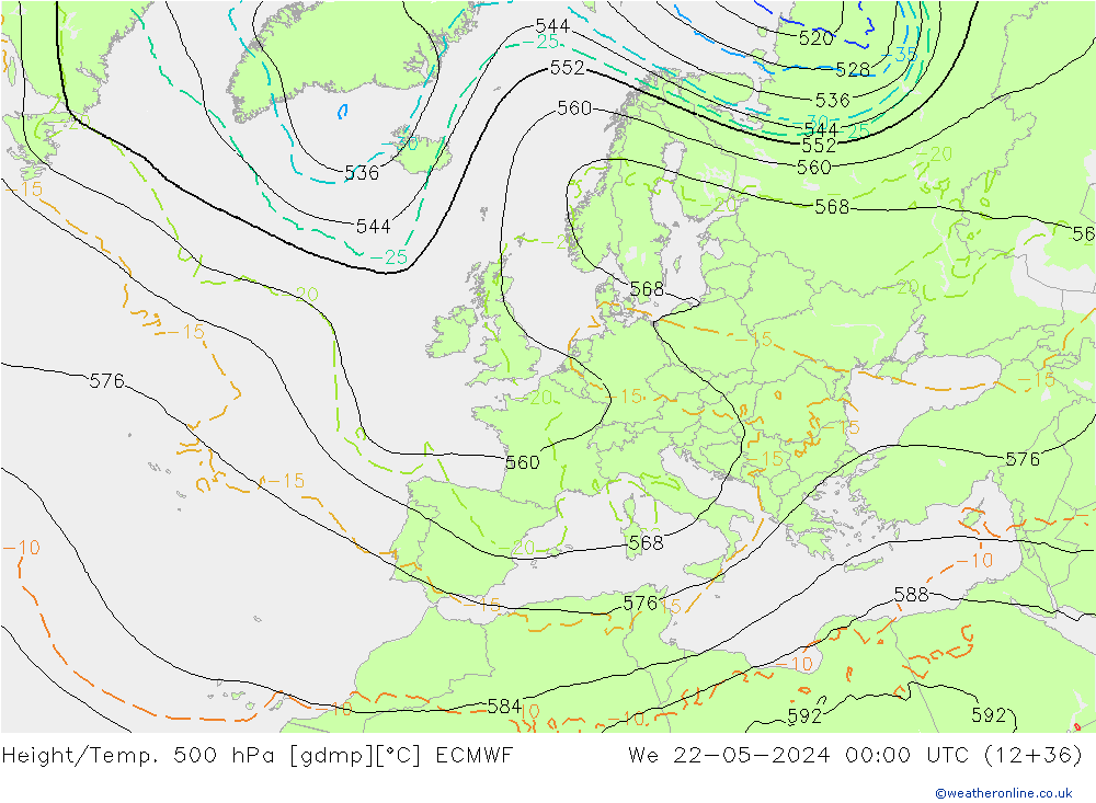 Z500/Rain (+SLP)/Z850 ECMWF Mi 22.05.2024 00 UTC