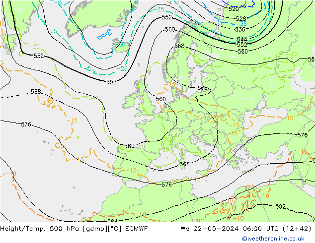 Z500/Rain (+SLP)/Z850 ECMWF We 22.05.2024 06 UTC