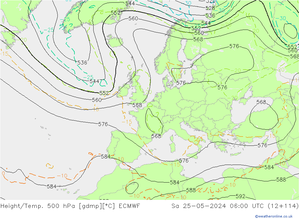 Height/Temp. 500 hPa ECMWF Sa 25.05.2024 06 UTC