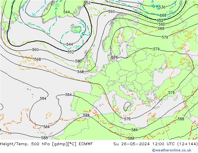 Z500/Rain (+SLP)/Z850 ECMWF Su 26.05.2024 12 UTC
