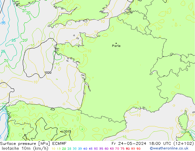 Eşrüzgar Hızları (km/sa) ECMWF Cu 24.05.2024 18 UTC