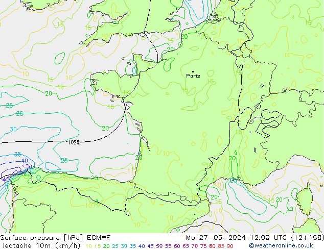 Izotacha (km/godz) ECMWF pon. 27.05.2024 12 UTC