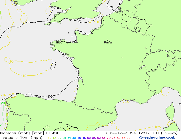 Isotachen (mph) ECMWF vr 24.05.2024 12 UTC