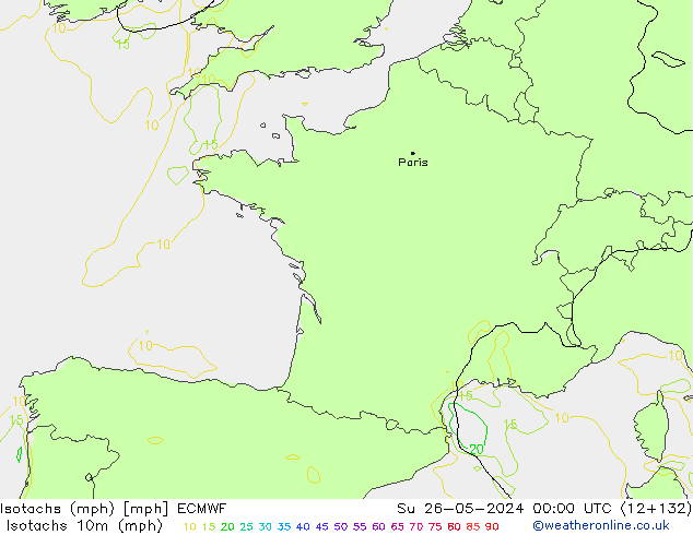 Isotachs (mph) ECMWF Ne 26.05.2024 00 UTC