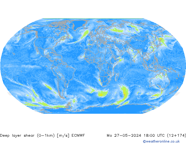 Deep layer shear (0-1km) ECMWF lun 27.05.2024 18 UTC