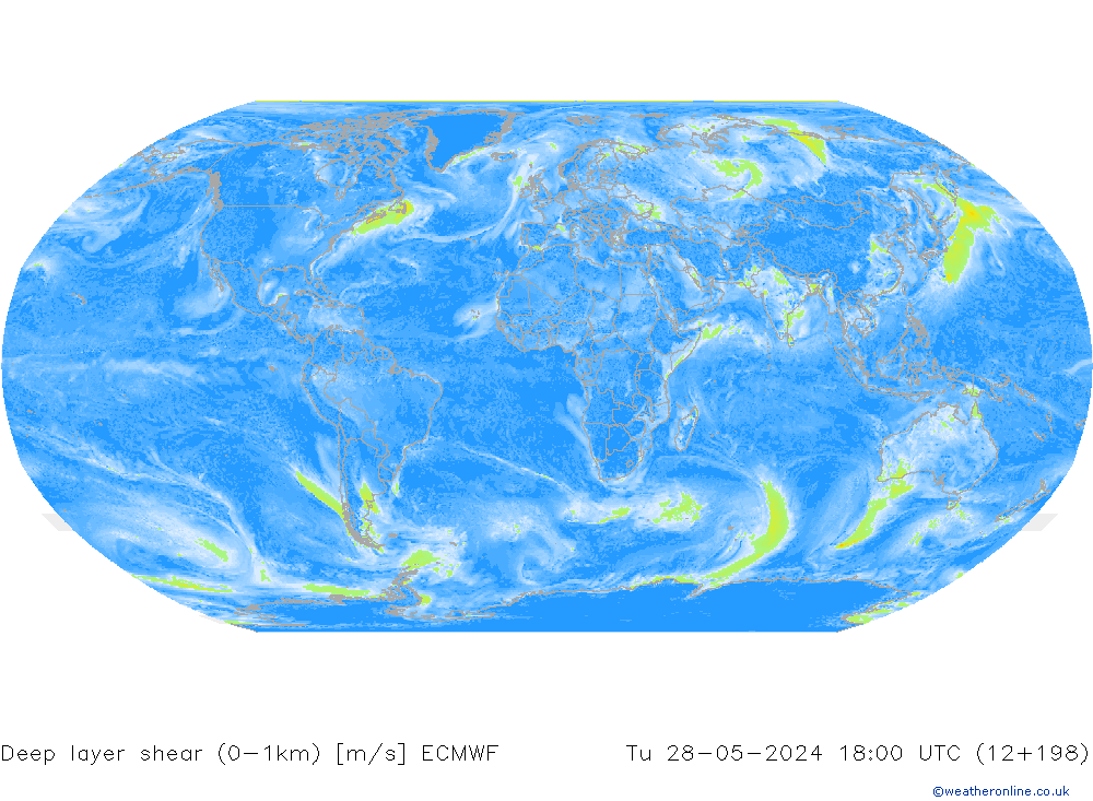 Deep layer shear (0-1km) ECMWF Sa 28.05.2024 18 UTC