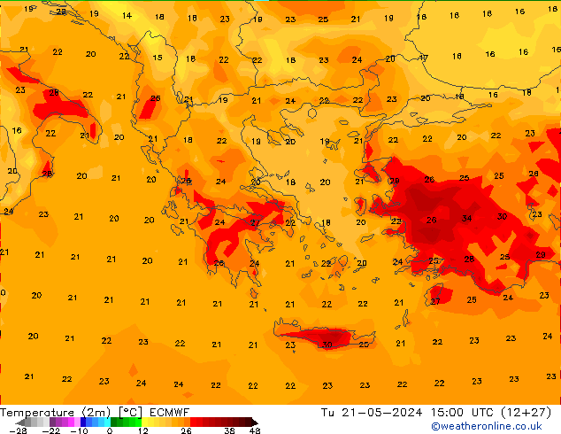 Temperatura (2m) ECMWF Ter 21.05.2024 15 UTC