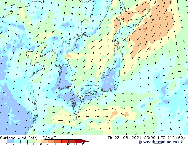 Surface wind (bft) ECMWF Th 23.05.2024 00 UTC