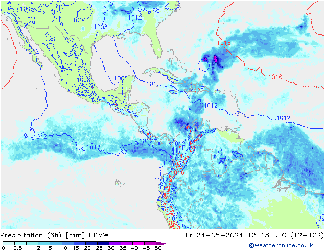 Totale neerslag (6h) ECMWF vr 24.05.2024 18 UTC