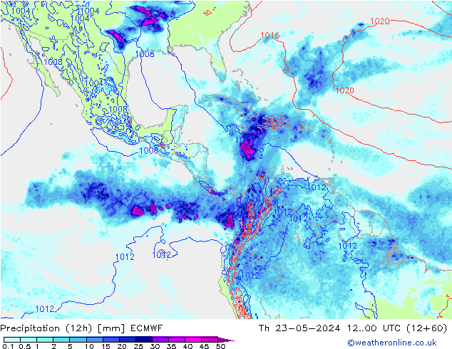 Totale neerslag (12h) ECMWF do 23.05.2024 00 UTC