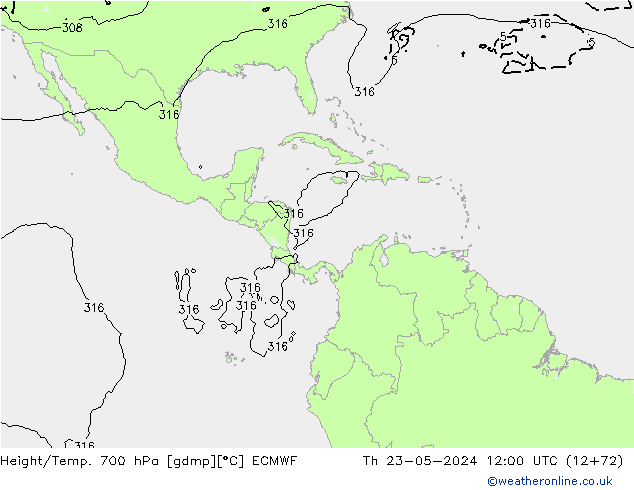 Height/Temp. 700 hPa ECMWF czw. 23.05.2024 12 UTC