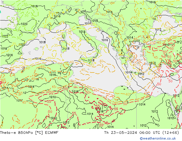 Theta-e 850hPa ECMWF czw. 23.05.2024 06 UTC