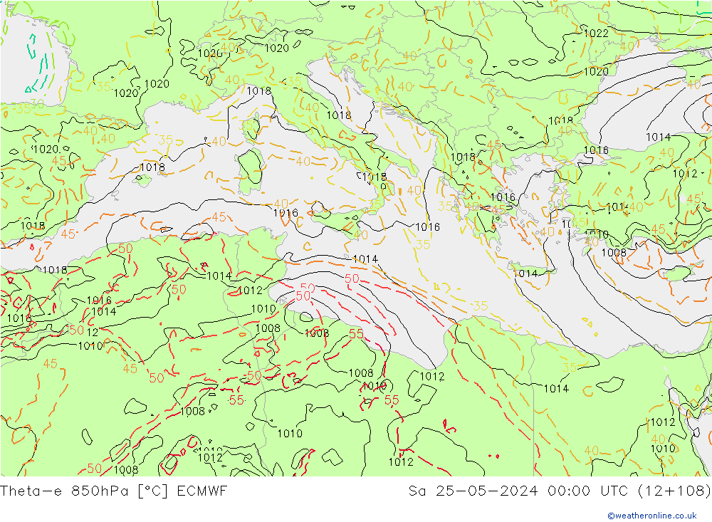 Theta-e 850hPa ECMWF Sáb 25.05.2024 00 UTC