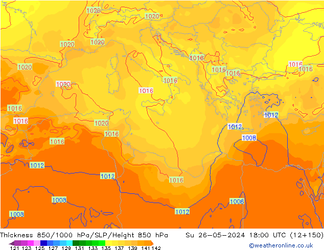 Dikte 850-1000 hPa ECMWF zo 26.05.2024 18 UTC