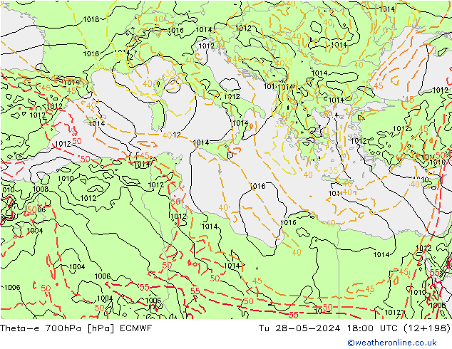 Theta-e 700hPa ECMWF Út 28.05.2024 18 UTC
