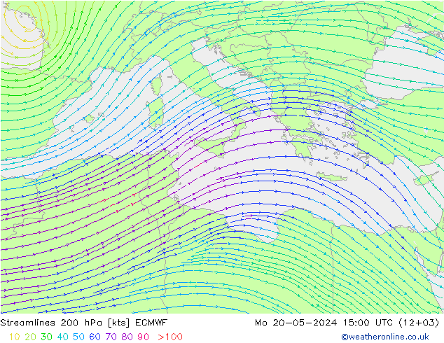 Línea de corriente 200 hPa ECMWF lun 20.05.2024 15 UTC