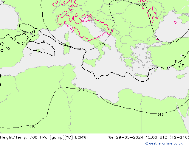 Height/Temp. 700 hPa ECMWF St 29.05.2024 12 UTC