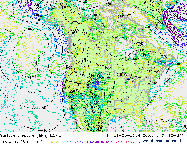 Isotachen (km/h) ECMWF Fr 24.05.2024 00 UTC