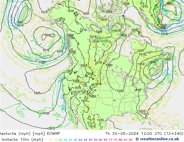 Isotachen (mph) ECMWF Do 30.05.2024 12 UTC