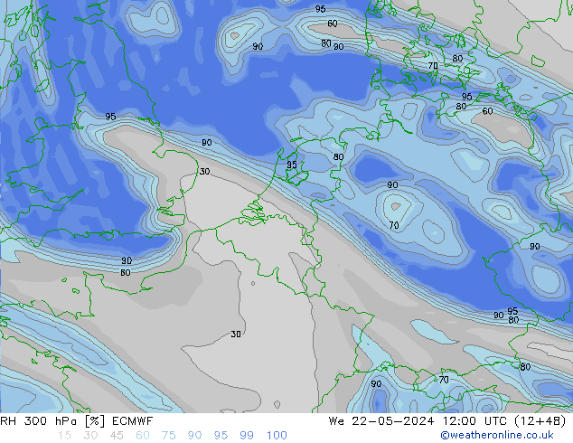 RH 300 hPa ECMWF Mi 22.05.2024 12 UTC