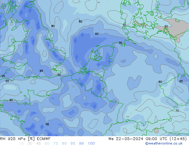 Humidité rel. 925 hPa ECMWF mer 22.05.2024 09 UTC