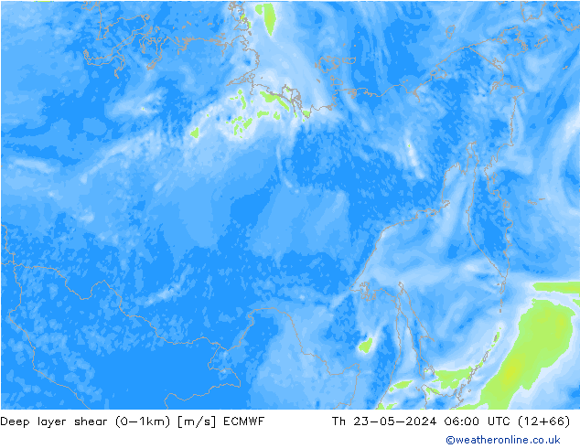 Deep layer shear (0-1km) ECMWF Čt 23.05.2024 06 UTC