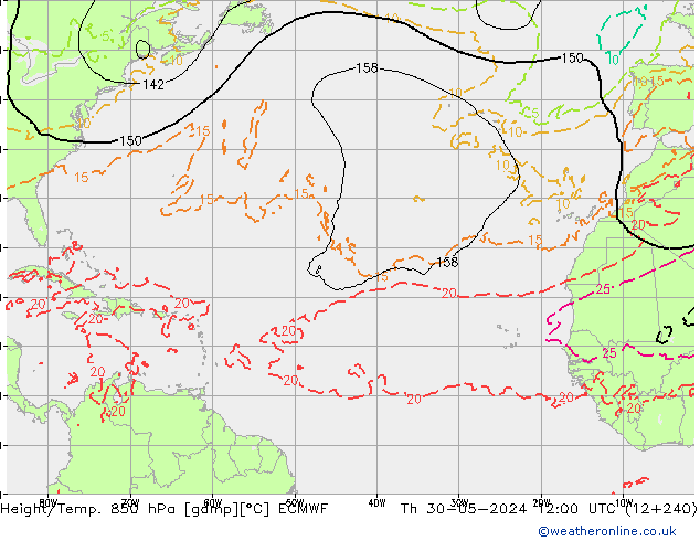 Z500/Rain (+SLP)/Z850 ECMWF jue 30.05.2024 12 UTC